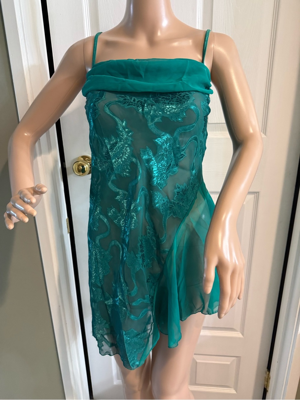 Vintage Shirley Of Hollywood Emerald Green Satin Sheer Chiffon Lingerie Nighty S